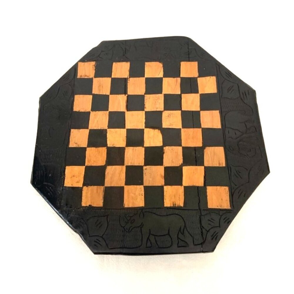 Vintage Hand Carved Wooden Chess Board Tanzania African Elephant Rhino